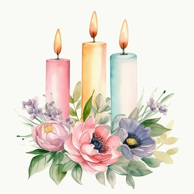 three candles, flower bouquet, pastel colors, watercolor style, white background, clip art