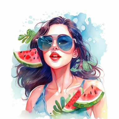 watercolor, hyper realistic, white background, white margins, 16k, ultra detailed clipart, cut out image, hand-drawn, whimsical manhwa style, ultra HD, sharp and clean art sun wearing sunglasses, radiating sunshine and summer vibes., Bright and vibrant colors that evoke the energy and warmth of summer, such as a combination of coral, turquoise, and yellow.