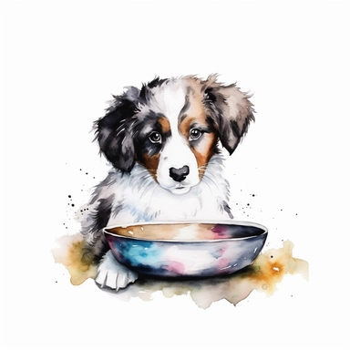 Watercolor dog bowl clipart, white isolated background, space out, hd