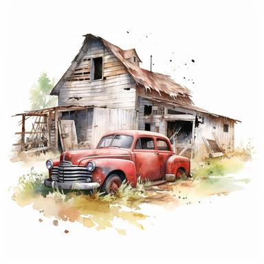 watercolor rustic farm barn with abandoned car clipart, white background