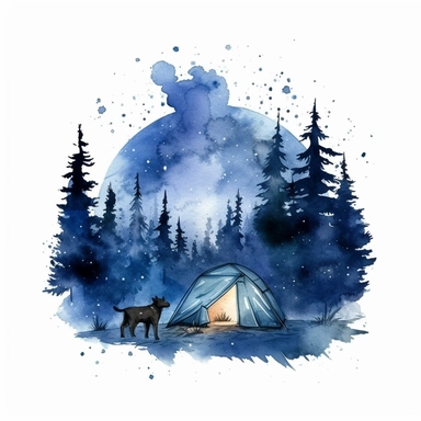simple and minimalistic clipart in ink drawing and watercolor wash style, camping scenery with forest animals and camp fire, night time, stars and moon, blue shade colors, white background, uhd, high quality