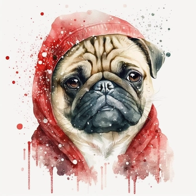 watercolor cute style, cute pug in christmas winter coat, christmas head, smiles, cute, pug in red ears, it's snowing, white background, clipart