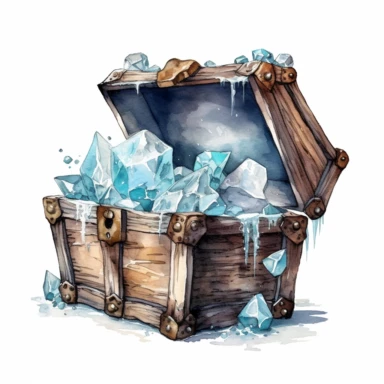 a frozen ancient treasure chest with protruding icy ornaments Clipart Watercolor, White background, HD