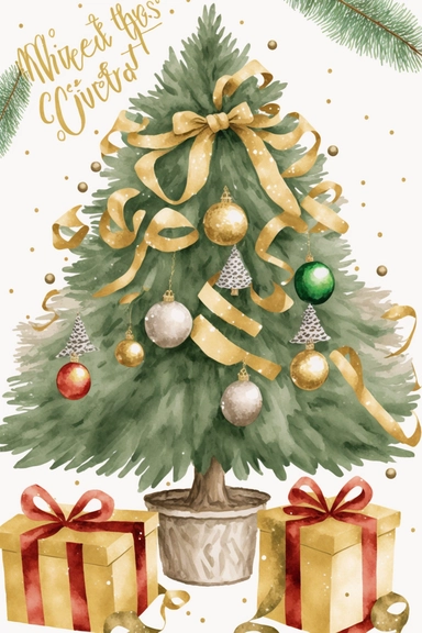 whole christmas tree with presents clipart, decorated pine tree with christmas golden presents, golden christmas decoration, christmas decor, simple shapes, no lines, no outlines, clipart, featured on dribble, cartoon tree clipart, minimalist, computer vector graphic design clip art, watercolor illustration clipart, watercolour clipart, watercolor illlustration for kids and children, book illustration, print on demand image, PNG tranparent background