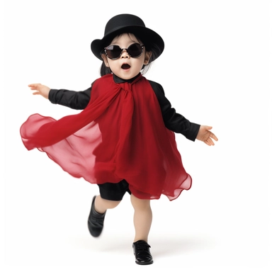 Singer Yoko Ono as a 2 year old toddler, wearing a classic black satin chanel dress, red shoes, red velvet bowler hat, gold silk scarf, dancing, irradiant facial expression, plain white background, clipart