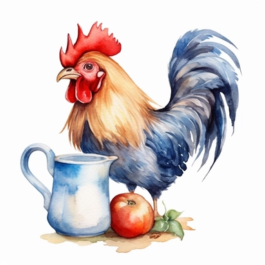a watercolor rooster drinking from a cider jug, clipart