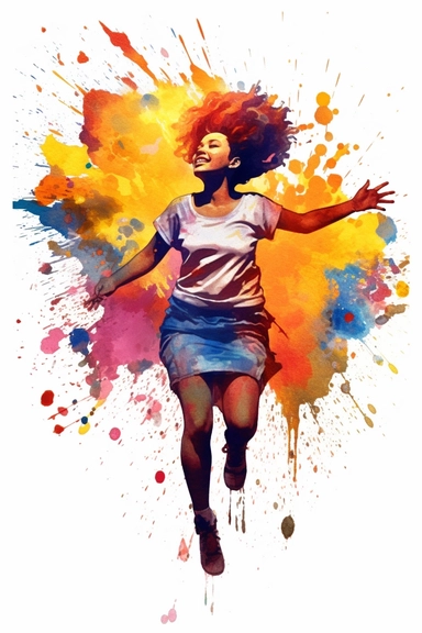An exuberant clipart featuring an African American girl with a playfully textured hairstyle, sporting fashionable and whimsical clothing, set against a high-resolution and transparent background. The scene is rendered in a vibrant watercolor art style, wi