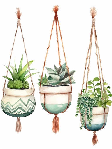 watercolor clipart set with white background, cute macrame hanging planter with succulents, cute and adorable, flat design, clearly defined with separated images, high quality