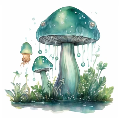 magic mystical jade, Mushroom, storybook, fairytale, light watercolour clipart, bioluminescence, enchanted forest, white background