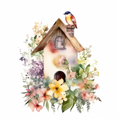 beautiful bird house in English country garden clipart watercolor white background