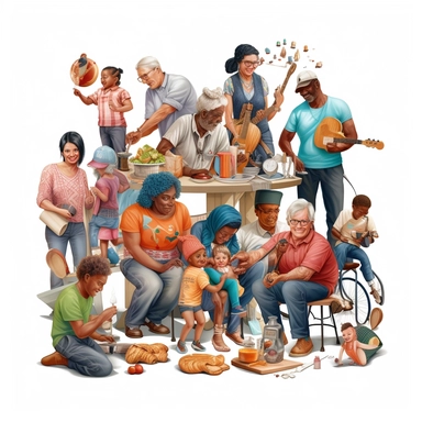 clipart showing diverse generations within minority communities, portraying grandparents, parents, and children engaging in various activities together, like playing sports, cooking, gardening, or reading ultrarealistic hyper detailed