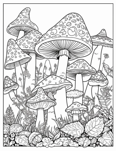 a clean coloring book page of a group of enchanted mushrooms, whimsigoth, witchcore, clipart, black and white