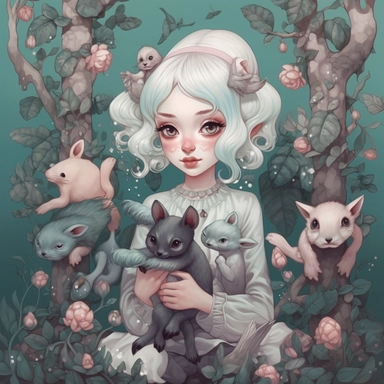 a girl with silver gray hair and animal companions, in the style of moody tonalism, lush and detailed, artgerm, childlike innocence, made of vines, pastel colors, gary baseman, clipart, flat background