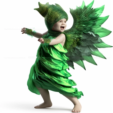 green baby girl Godzilla, looks like an alien, doing high step dance moves, wearing a designer dress made from Phoenix feathers , ultra high fashion, wearing ruby neck scarf, techno lighting, disney cuteness, plain white background, cutout clipart
