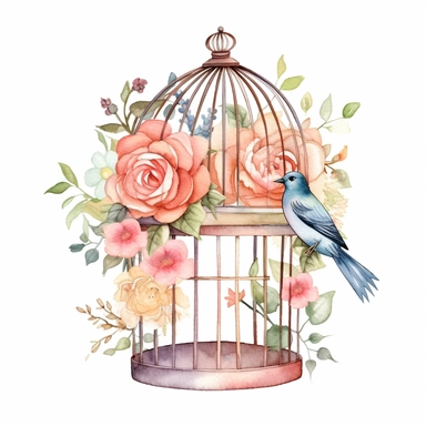 A boho-style birdcage clipart, white background, watercolor drawing