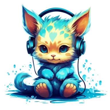 cute kitten listening to music in the style of skottie young, clipart