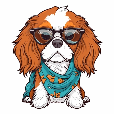 funny kawaii Cavalier King Charles with Balenciaga sunglasses and cool bandana or necklaces,cute illustration, clipart, white backgound, Cuttable Design