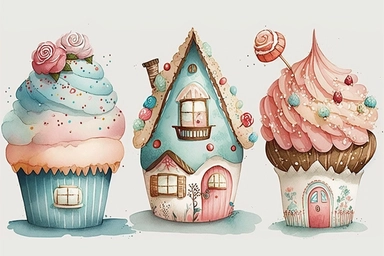 Very cute and Whimsical cupcake houses, colorful, Watercolored illustration, clipart, white background