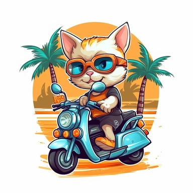 Create a clipart of a cute kitten driving a motorcycle. Vibrant colors. White Background with a beach setting and palmtrees, soft lighting.