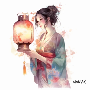 watercolor Disney Mulan holding a lantern, clipart, white background, by Kawacy