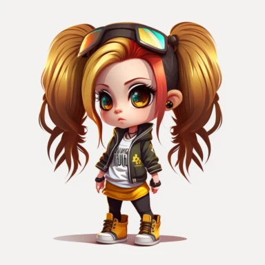 chibi white girl, colorful cloth, mesh bun hair style, gold hair, full length portrait clipart, sneakers, white background, A sharp photograph of an expensive, ultra realism, cinematic, epic, 8k,