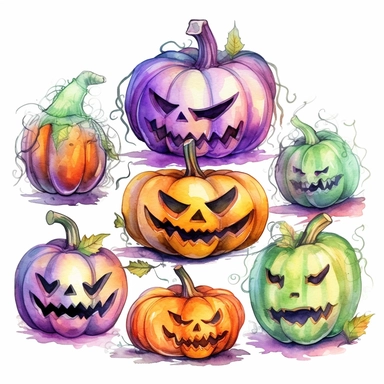 hand drawn Halloween pumpkins with carved faces that are glowing, sitting together at various sizes and heights,Halloween, purple orange and green shades, fantasy, glamorous, clipart style, detailed and realistic, watercolor, white background with margins