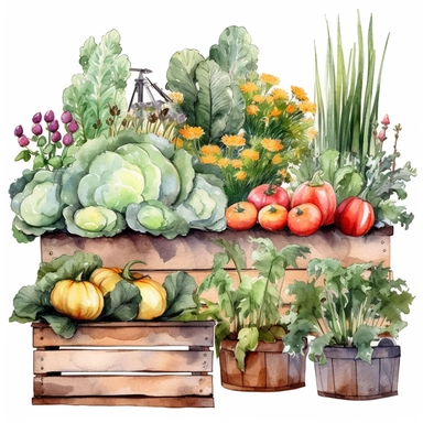 Garden Beds Clipart. Spring Garden Clipart. Vegetable Garden, Watercolor, pastels, clipart, beautiful, colourfull, png transparent white background, high resolution no caption