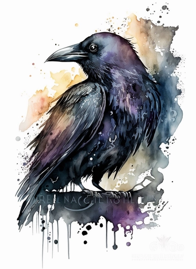Cute horror gothic raven detailed, watercolor by Thomas w. schaller, clipart, solid background, black color sheme, hd