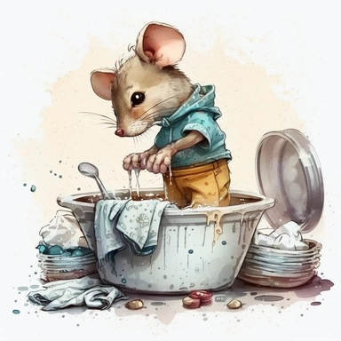clipart watercolor cute realistic mouse cleaning washing dishes like a human, dressed like a human