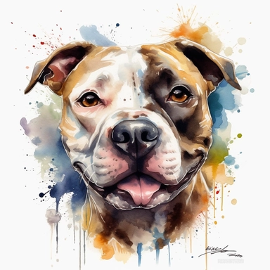 cute Staffordshire Bull Terrier dog portrait, full face, centered shot, side shot, dynamically posed, in action, playful mood, happy mood, playing mood, cute face, adorable smile, childlike eyes, clean watercolor illustration, white background, nursery baby imagery, painting, detailed, 8k, PNG, clipart,