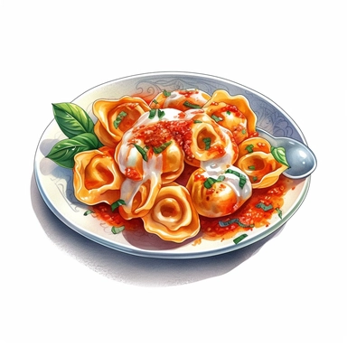 watercolor ultra realistic and hyper detailed illustration of a traditional italian Tortellini in Tomato Cream Sauce (with cheese or meat filling) on a plate clipart, white background