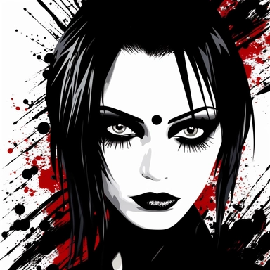 Illustrate a clipart image showcasing a goth woman color splash with radiant eyes that shine brightly. Use a rich and diverse color palette to enhance her appearance, and ensure the image is detailed and crisp. The background should be pure white