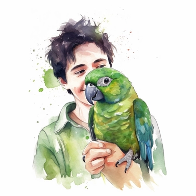 Adorable pet Amazon Parrot having happy moment with it's human owner, water color style, clipart, white background