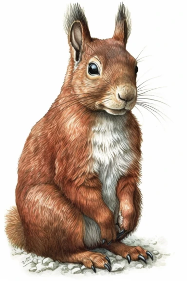 A highly detailed watercolor closeup clipart of an isolated red to brown portrait of a squirrel, by Laura Harris, watercolor specialist, realistic texture, detailed brushwork, high-resolution 300 dpi, nature-inspired art, intricate artwork, fine art quality, animal portrait, botanical art, isolated on white