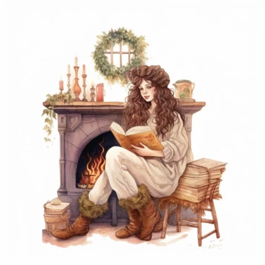 front illumination of ultra-realistic watercolor of full body of an insanely beautiful Comfortable cottage by the fireplace with long curly brown hair, face covering, reading a book, insane quality, mystic, wiccan, art nouveau art style, clipart witch core dream core cottage-core white background no text, isolated on white, ghibli style, watercolor illustration, the