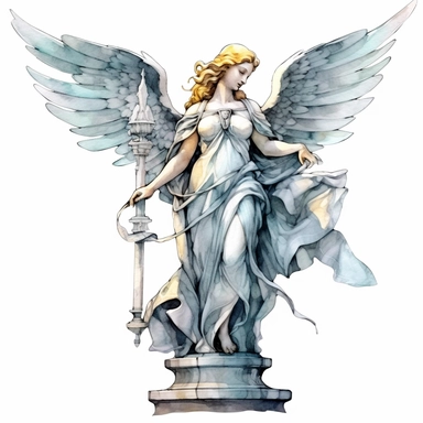 angel statue watercolour in the style of digital airbrushing, realistic yet stylized, digitally enhanced, elaborate costumes, 32k uhd, clipart, white background