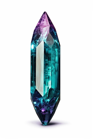 photo of a elongated alexandrite gemstone crystal on a white background with bright highlights on the edges, photorealism, studio lighting, clipart, render, global illumination, behance