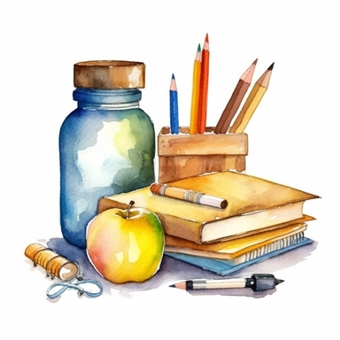 Back to School ClipArt Watercolor, single object, illustration, white background for removing background--no text shadow font watermark