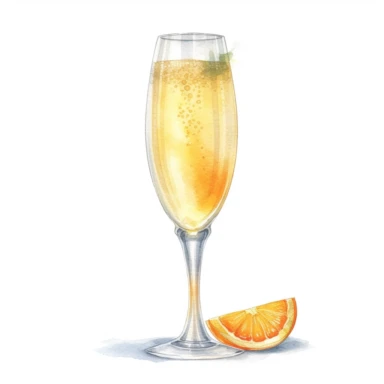 hand drawn flute of orange juice and champagne, very detailed and realistic, watercolor, white background with margins, clipart style — uplight