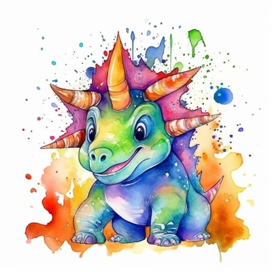 watercolored clipart with triceratops, funny and friendly, goofy, silly and playful dinosaur, colored, white background