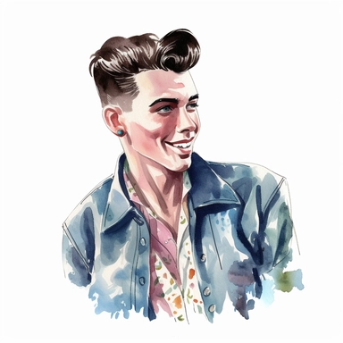 Rockabilly Retro Handsome Guy Watercolor Clipart, on white background, spaced out , detailed, hd