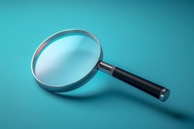 Magnifying glass on blue background. Two clipping paths included. 3D render,ultra sharp, super realistic, high-end photography