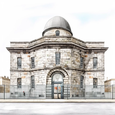 Isolated images, illustrations on a white background, facing front, elevation view, Kilmainham Gaol Dublin Ireland, Clipart, watercolor, realistic, isolated, full building, highly detailed, hdr, 32K, photo expert quality, watercolor realistic, hyperrealistic and highly detailed, isolated on a white background