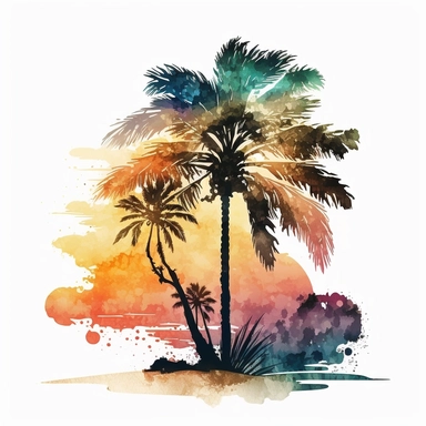 watercolor detailed palm tree on the beach with sunset in the back clipart, white background, no text