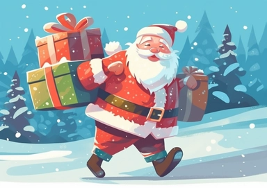 Illustration Santa Claus carries a bag of gifts .Christmas greeting card with cartoon character Santa Claus with hands up. Festive winter clip art isolated natural snowy bokeh background.