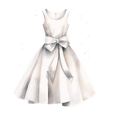 Watercolor white elegant party dress drawing, illustration clipart, high detailed, white background, digital art