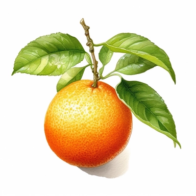 This highly detailed watercolor clipart showcases a captivating orange fruit with lush green leaves in the background, presented against a clean white backdrop. The artwork exudes an elegant and serene vibe with its neutral color palette, capturing the essence of nature's beauty. The orange is meticulously rendered, showcasing its textured peel and vibrant hue, while the surrounding leaves add a touch of botanical charm. The watercolor technique brings depth and realism to the clipart, making it