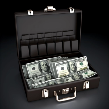 open briefcase of money, clipart style, solid bg
