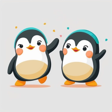 2 cute pinguins dancing, Clipart, southpark style, white background, flat style, no shadows, no text, no caption
