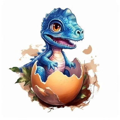 t-rex baby cute dinosaur hatching from egg, realistic, kids cartoon sublimation watercolor clipart design